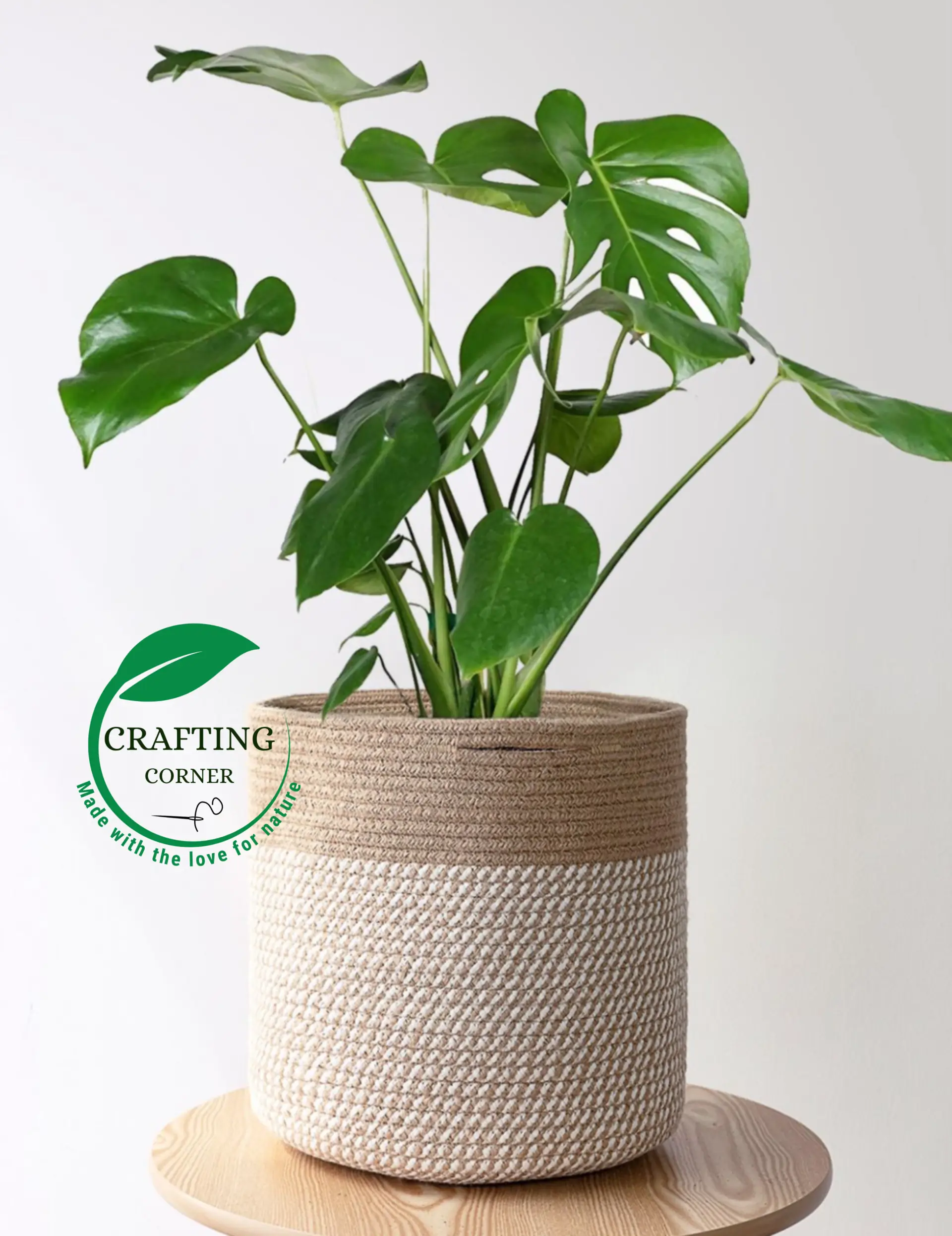 14 "Crafting Corner" Natural Woven Planter – Two-Tone Neutral Rope Basket for Indoor Plants – Sustainable Home Decor - Image 1