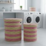 Artisan Hand-Woven Kan's Grass Laundry Baskets – Pink & Natural Striped Set