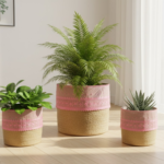 Jute Planter Set with Lace Detail – Trio of Eco-Friendly Indoor Plant Baskets.