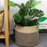 12" Large Jute Rope Plant Basket - Two-Tone Woven Planter Cover with Handles