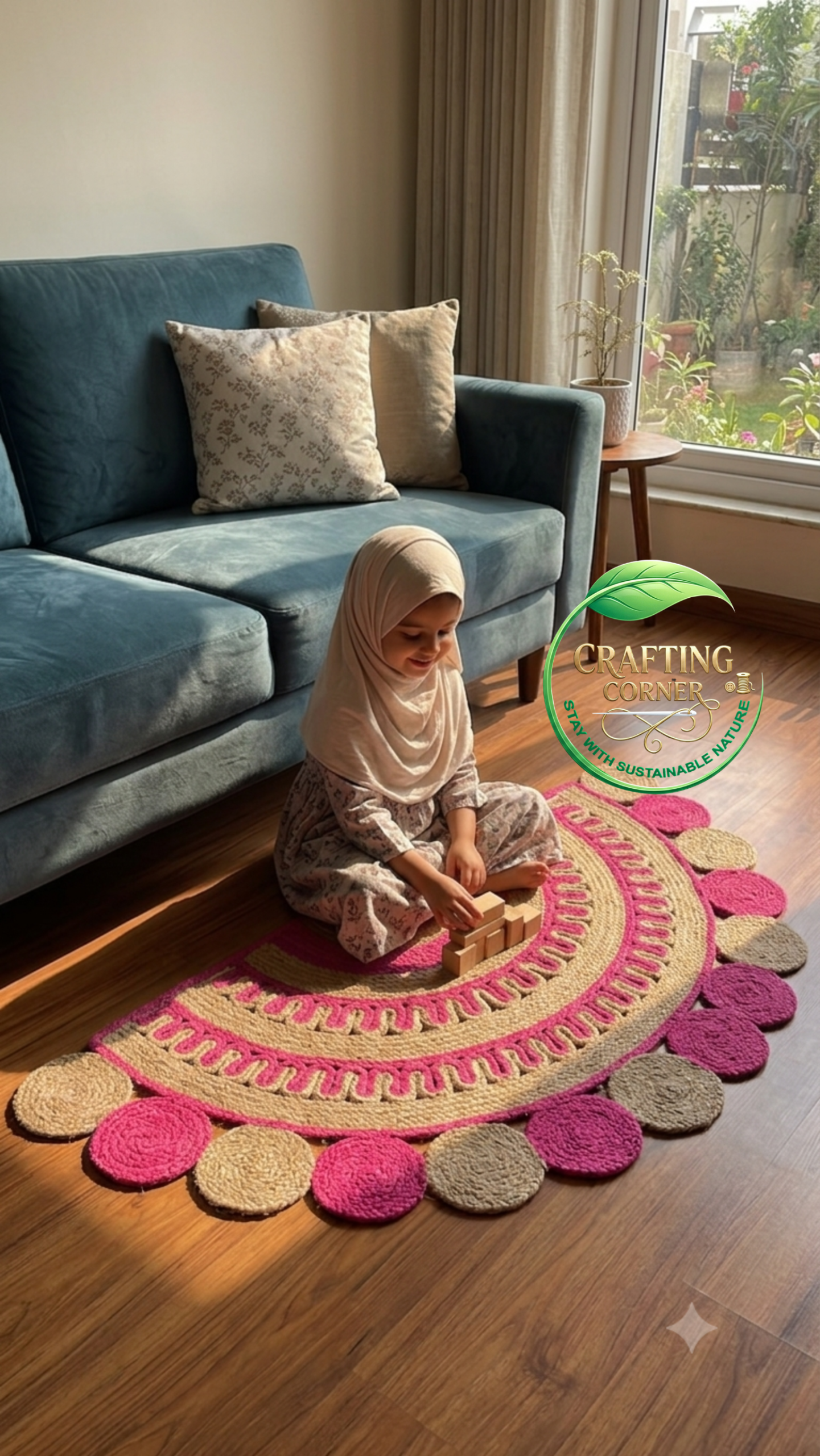 Untitled design - 2026-08-02T145538.723 Pink & Cream Braided Boho Entryway half-moon Rug - Image 1