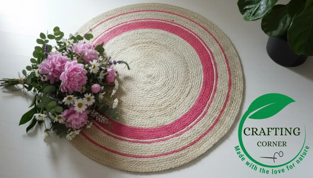 Natural Jute Round Rug with Rose Pink Accents