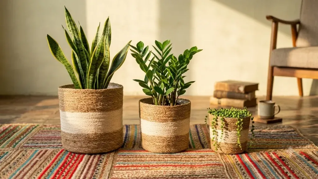 Crafting Corner Eco-Friendly Seagrass Plant Basket Set – 3-Piece Two-Tone Woven Planters (6"/8"/10") for Modern Houseplants