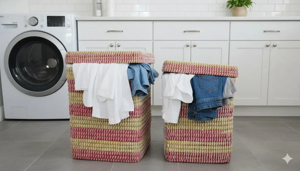 Artisan Hand-Woven Kan's Grass Laundry Baskets – Pink & Natural Striped Set