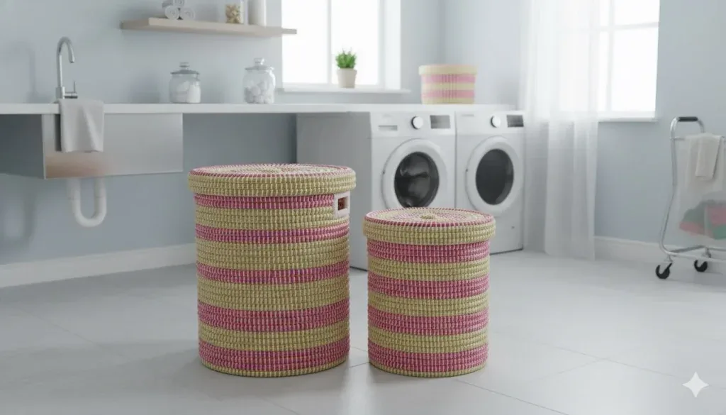 Artisan Hand-Woven Kan's Grass Laundry Baskets – Pink & Natural Striped Set