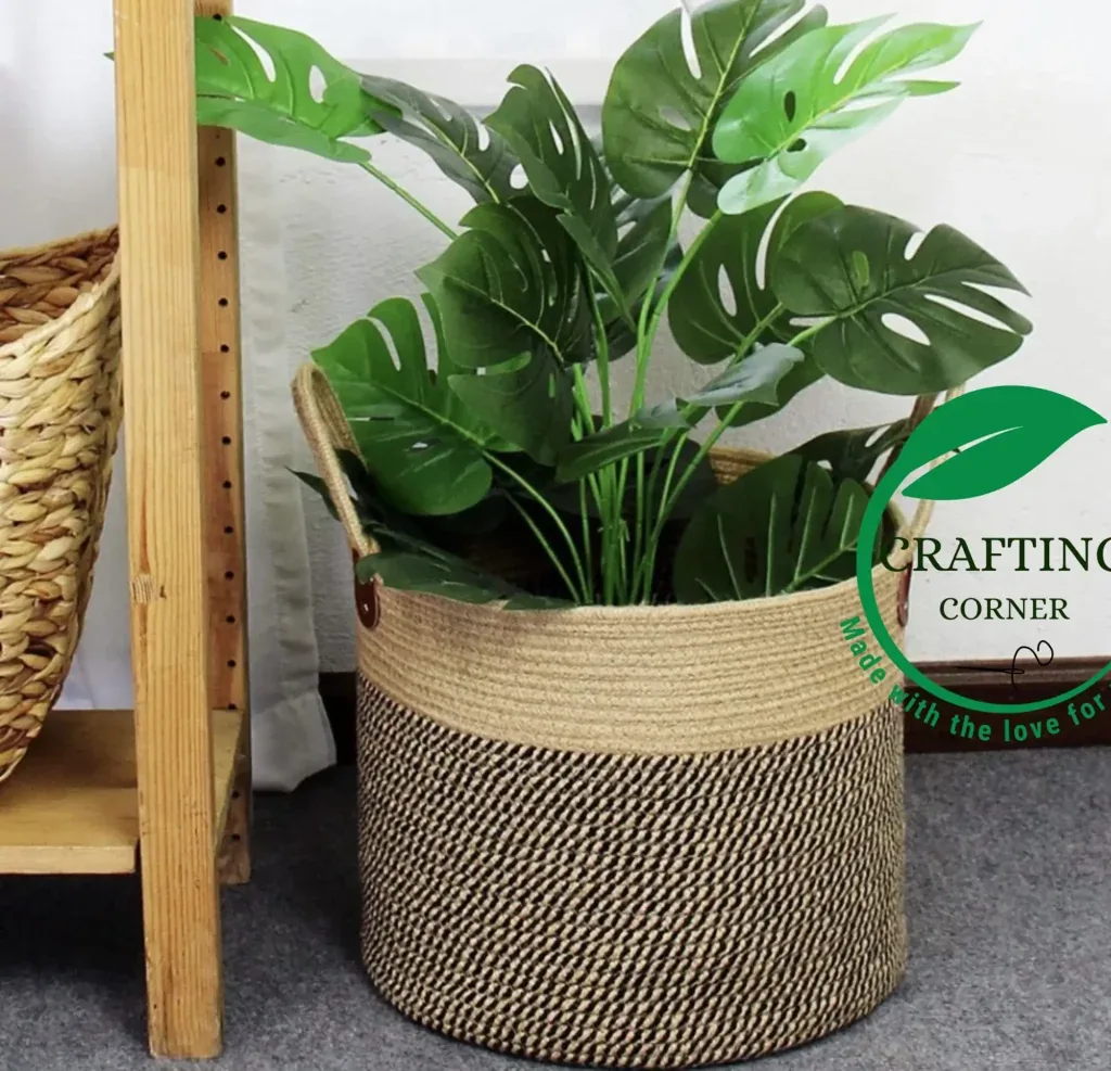 12" Large Jute Rope Plant Basket - Two-Tone Woven Planter Cover with Handles