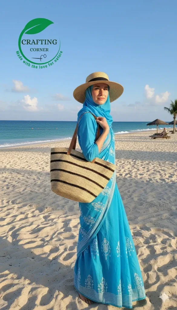 Handcrafted Striped Jute Tote Bag – Eco-Friendly Summer Beach Bag